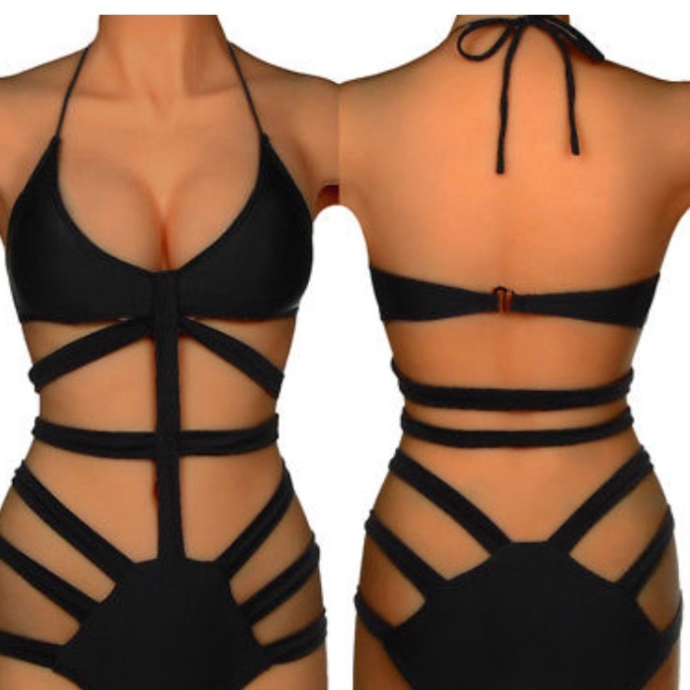 ❗️ONE LEFT‼️CUT OUT CAGED BLACK MONOKINI SWIMSUIT - Picture 3 of 7